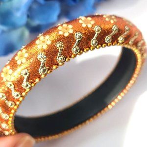 Glittery Flower Bangle Bracelet Leather Inset Size 2.8 Orange Floral